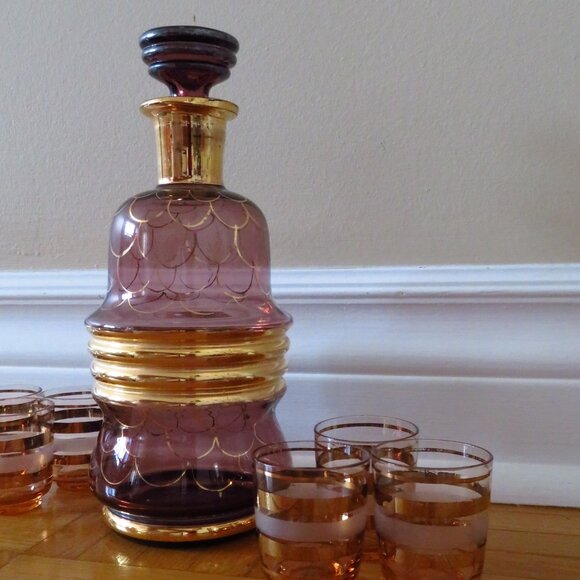 Vintage 1940 handblown Empoli glass liqueur carafe ,amethyst glass plus 5 shot - Picture 2 of 13